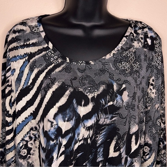 XL VINTAGE 90s PERSEPTION LEOPARD ANIMAL PRINT BLOUSE TOP STRETCH BLUE BLACK - Picture 3 of 9